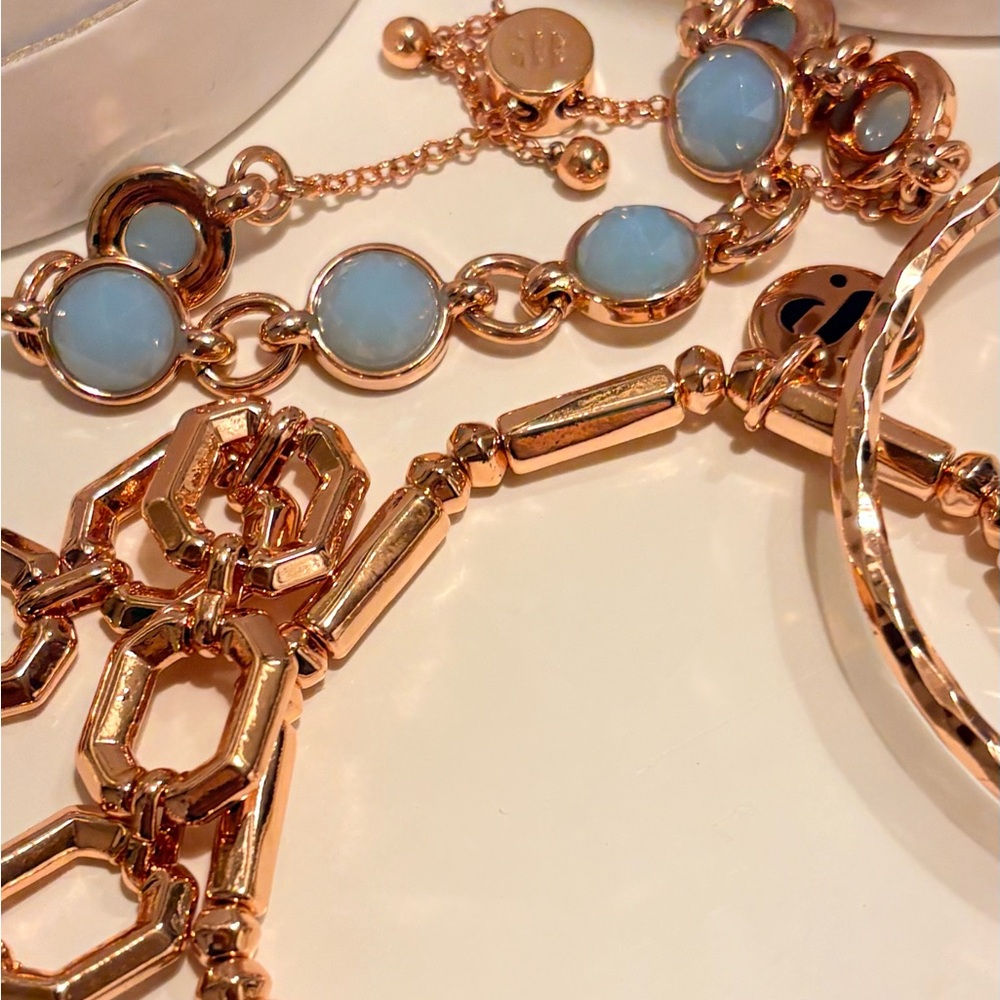 Rose Gold Bracelet Set with Light Blue Stones and Charm - Picture 5 of 11